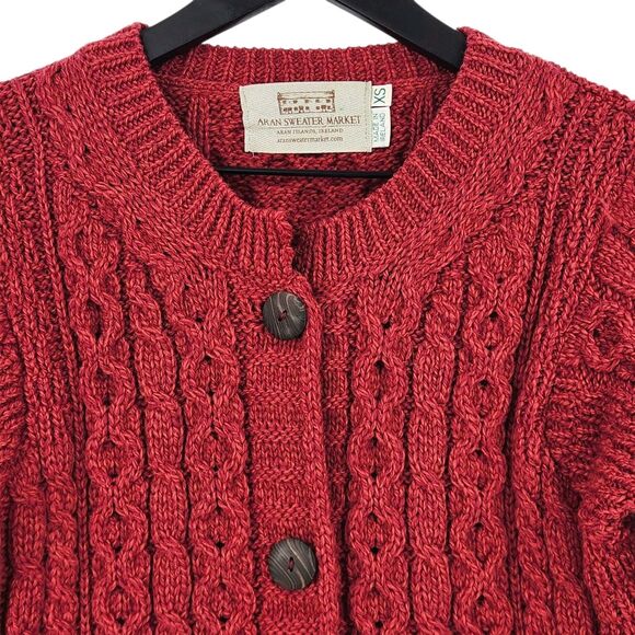 Aran Sweater Market Cardigan Cable Knit Womens XS Red Ireland Wool Fisherman - Picture 3 of 11